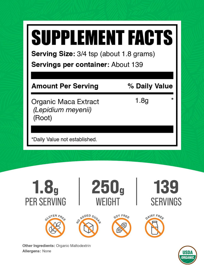 Organic maca root extract powder label 250g
