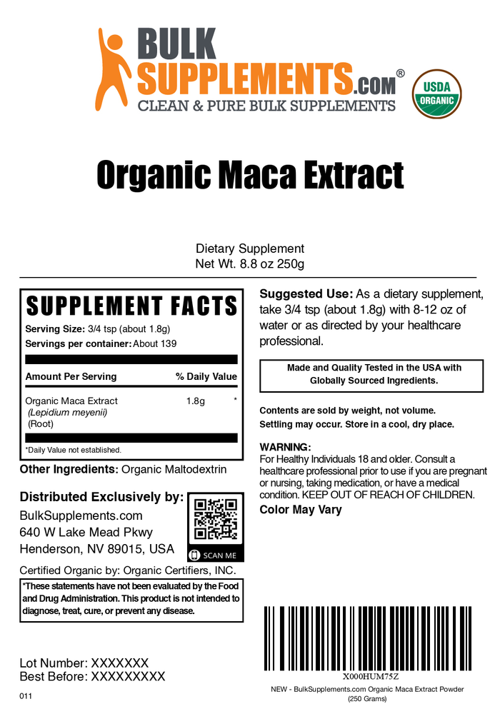 Organic maca root extract powder label 250g