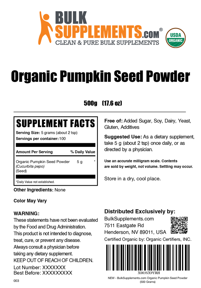 Organic pumpkin seed powder label 500g