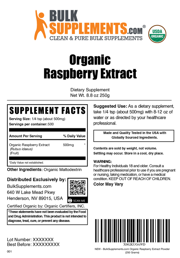 Organic raspberry extract powder label 250g