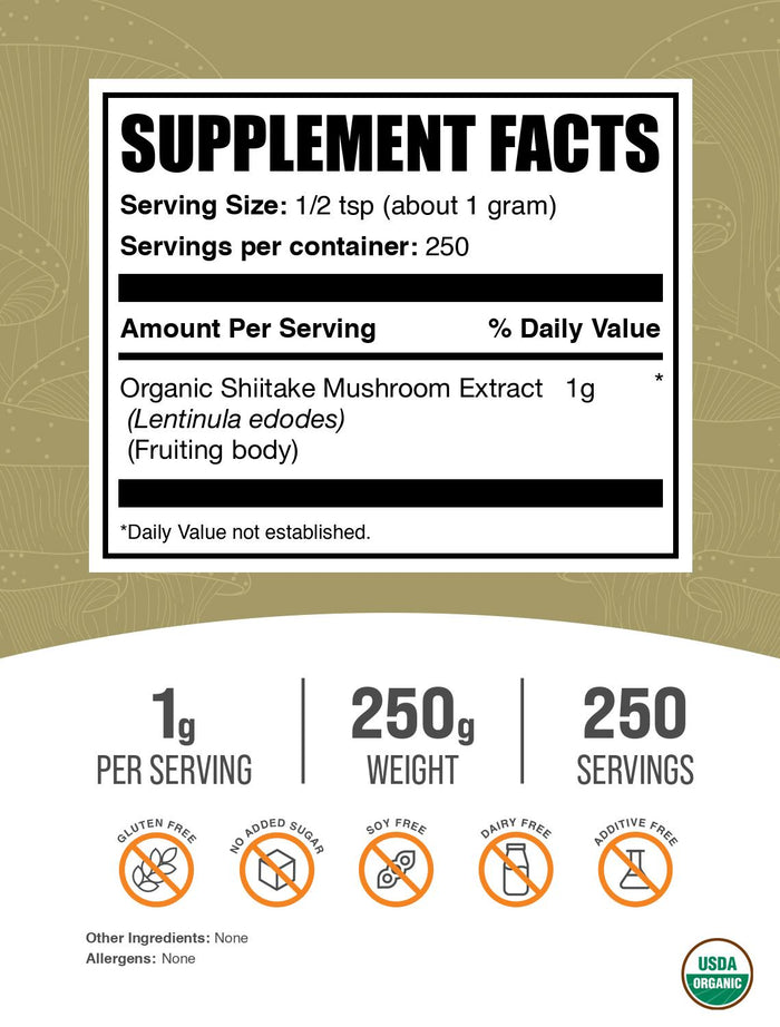 Organic Shiitake Mushroom Extract Powder 250g Label