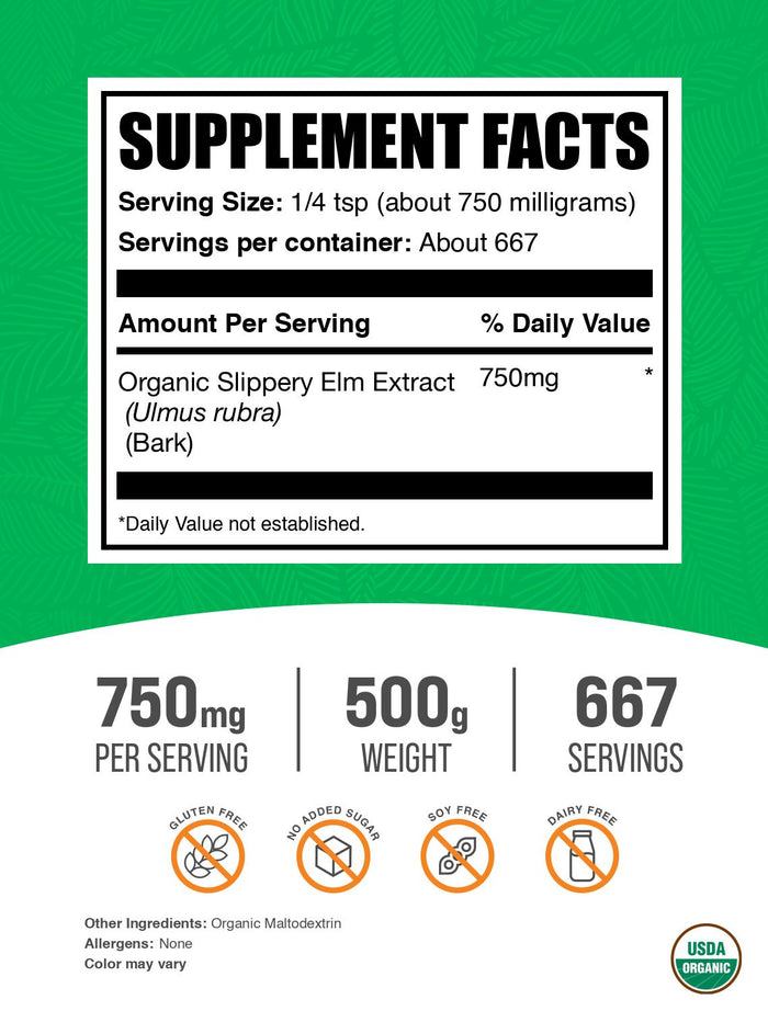 Organic Slippery Elm Extract Powder 500g Label