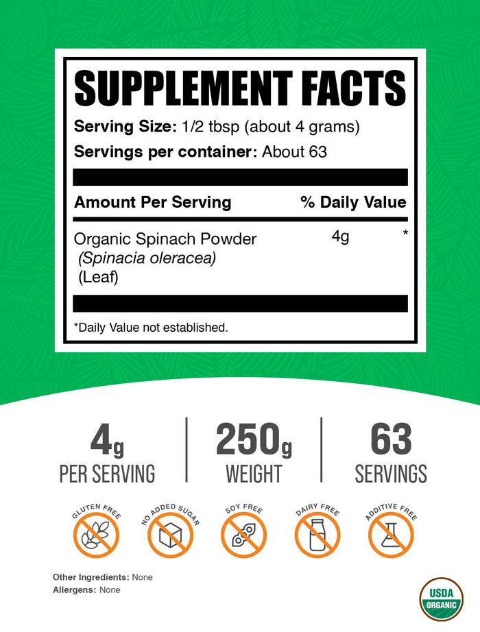 Organic spinach powder label 250g