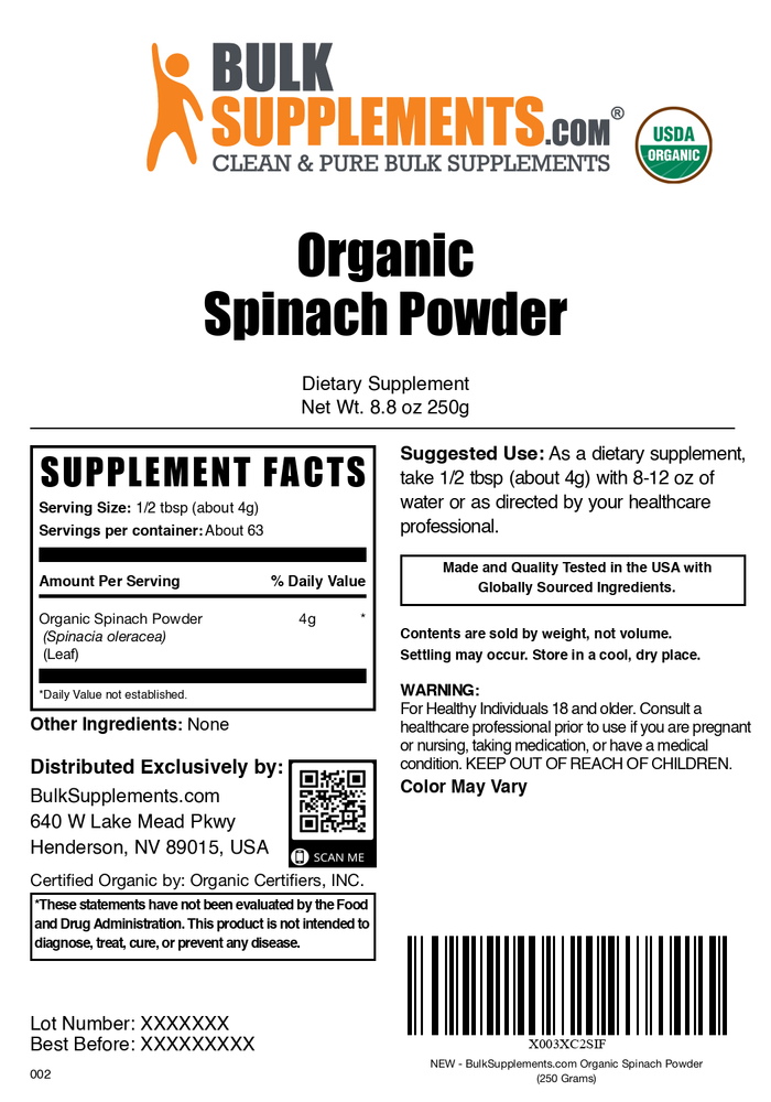 Organic spinach powder label 250g