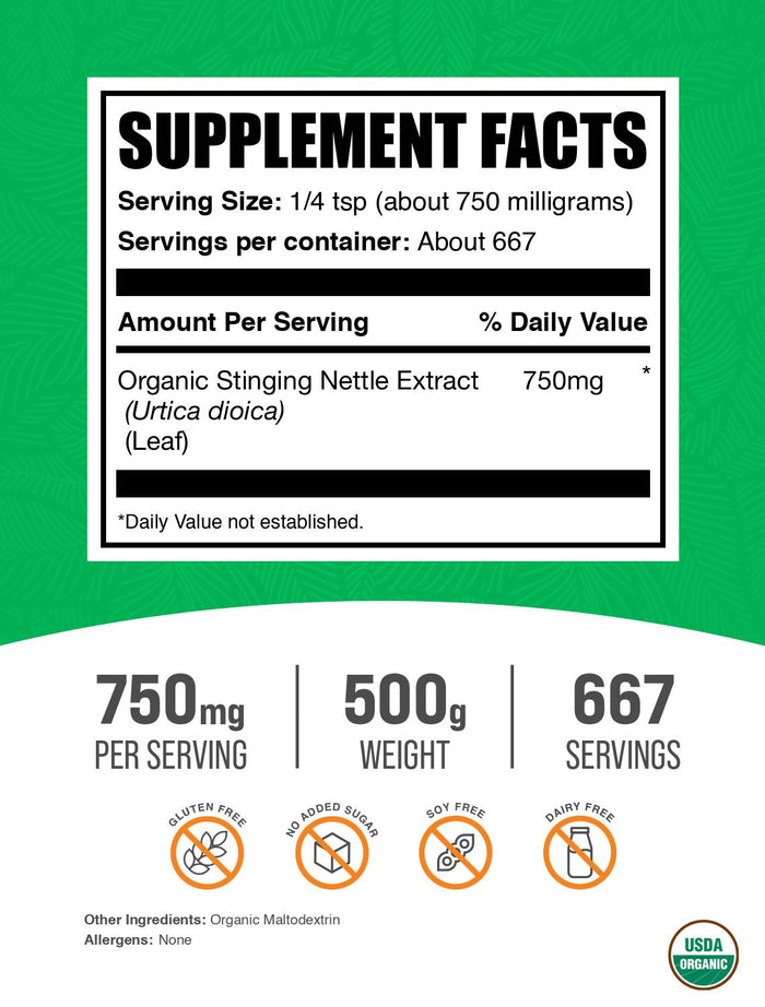 Organic stinging nettle extract powder label 500g