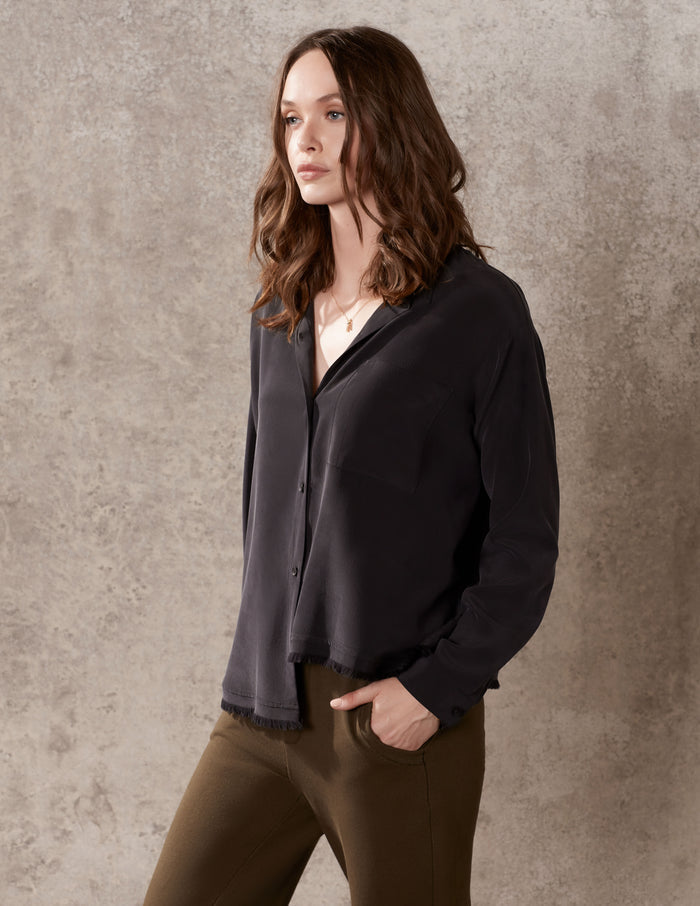 Black Washed Silk Oversized Button Down Top
