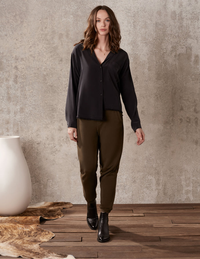 Black Washed Silk Oversized Button Down Top