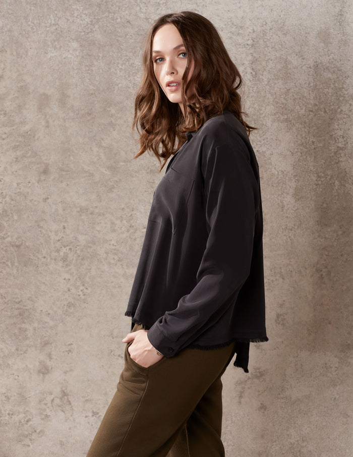 Black Washed Silk Oversized Button Down Top