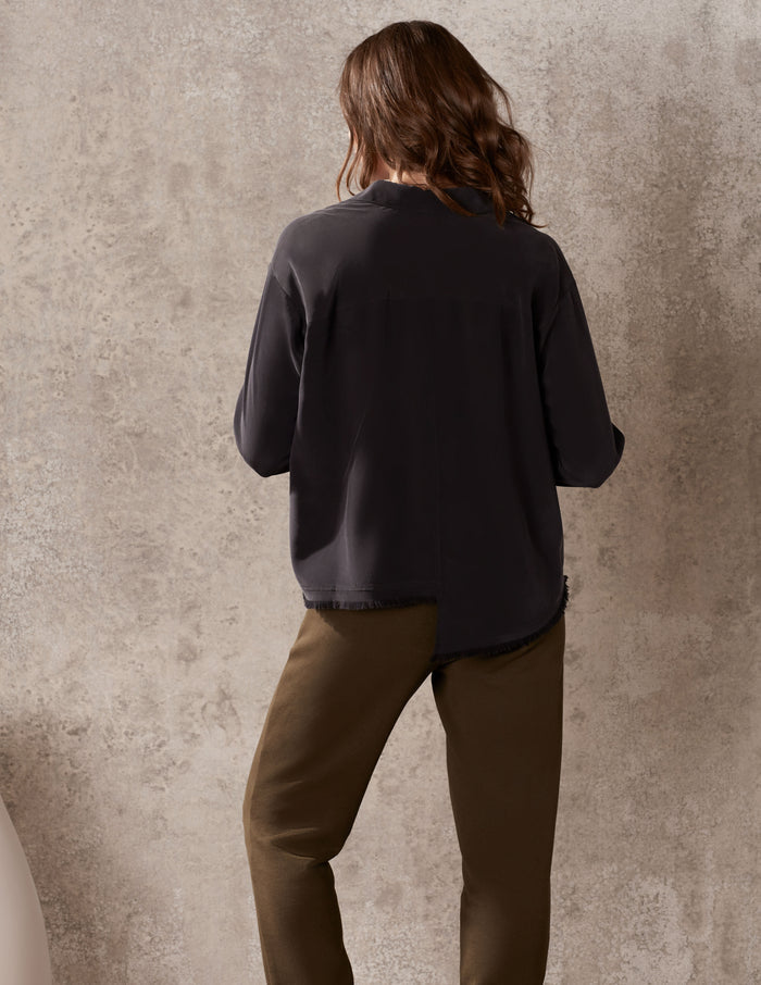 Black Washed Silk Oversized Button Down Top