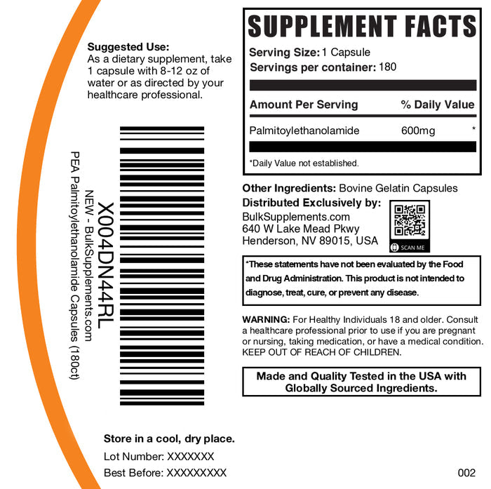 Palmitoylethanolamide (PEA) 180 capsules label