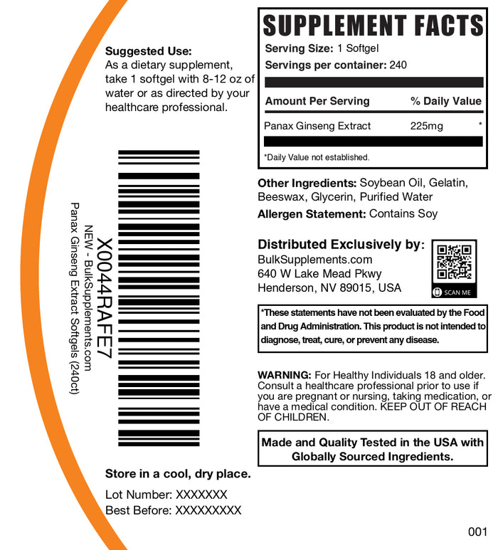 Panax ginseng 240 softgels label