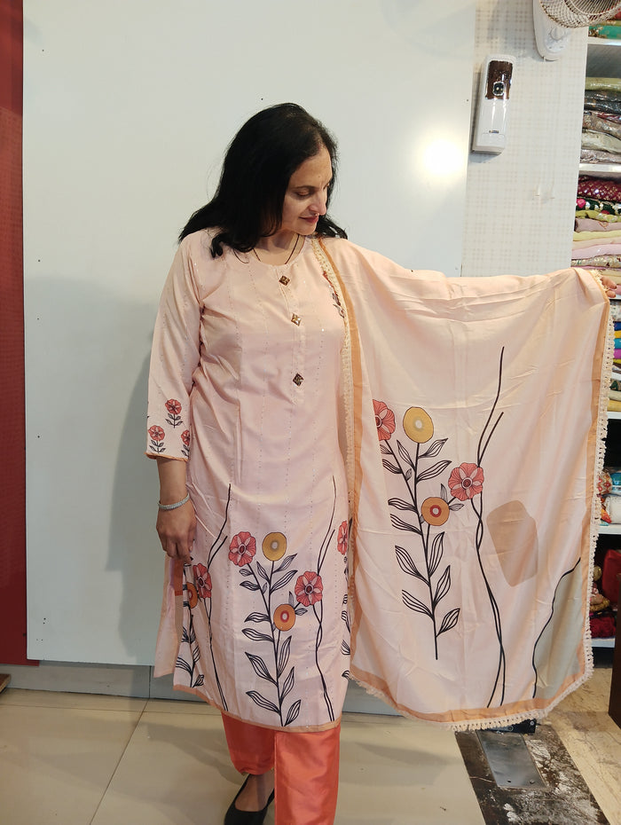 Peach colour Cotton with sequin work ready to wear suit set