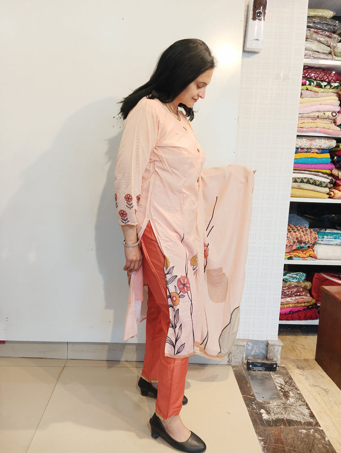 Peach colour Cotton with sequin work ready to wear suit set
