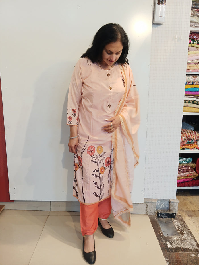 Peach colour Cotton with sequin work ready to wear suit set