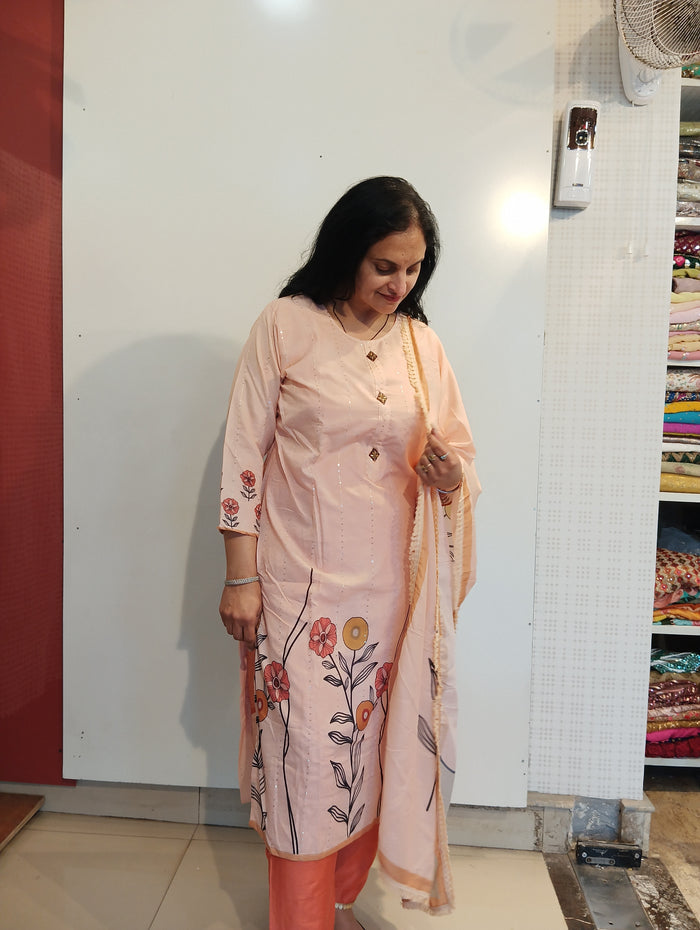 Peach colour Cotton with sequin work ready to wear suit set
