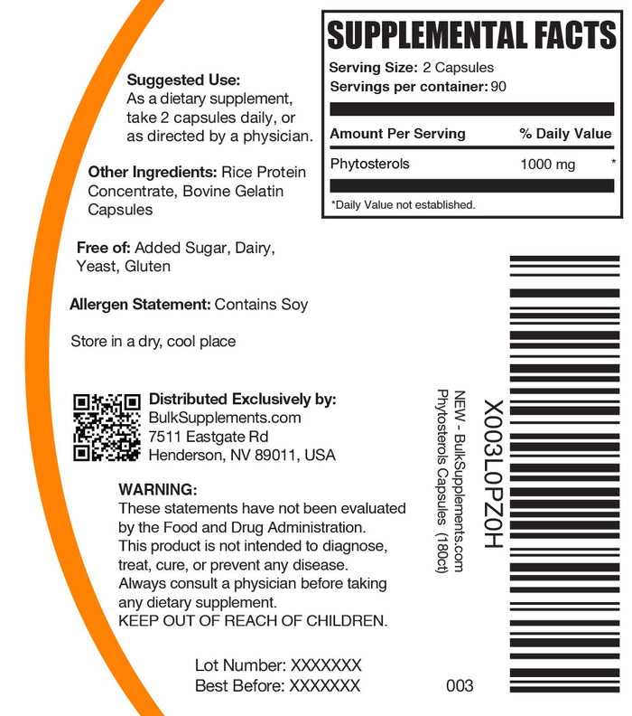 Phytosterols capsules 180 ct label