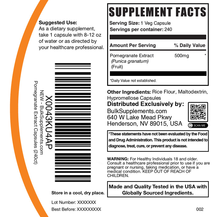Pomegranate extract 240 capsules label