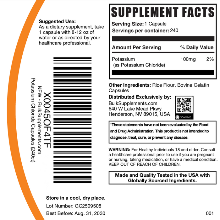 Potassium Chloride Capsules 240ct Plain Label