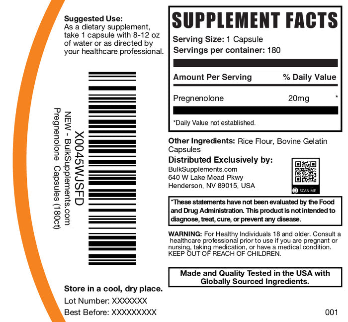 Pregnenolone 180 capsules label