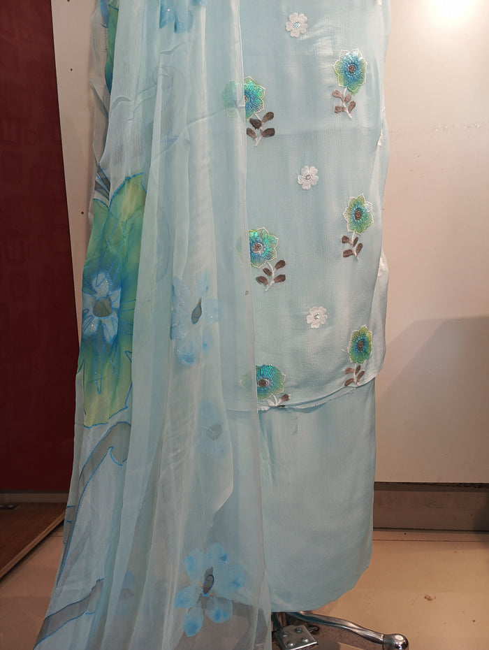 PURE CHINON HAND PAINTED EMBROIDERED SUIT