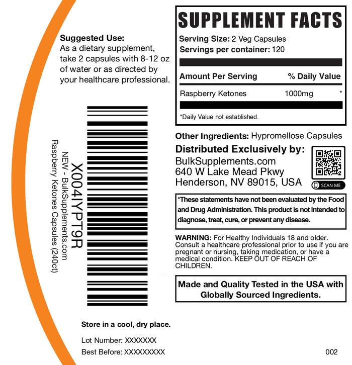 Raspberry ketones 240 capsules label