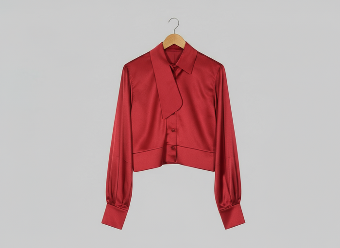 Red satin jacket on a hanger against a red and white striped background