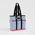 Striped tote bag with black handles on a light gray background