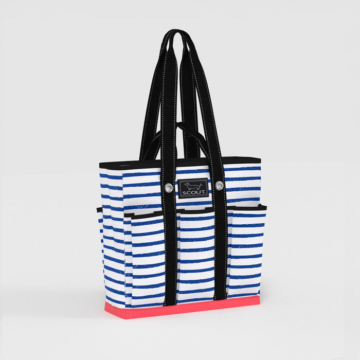 Striped tote bag with black handles on a light gray background
