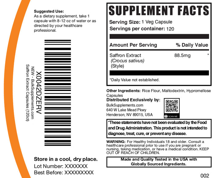 Saffron extract 120 capsules label