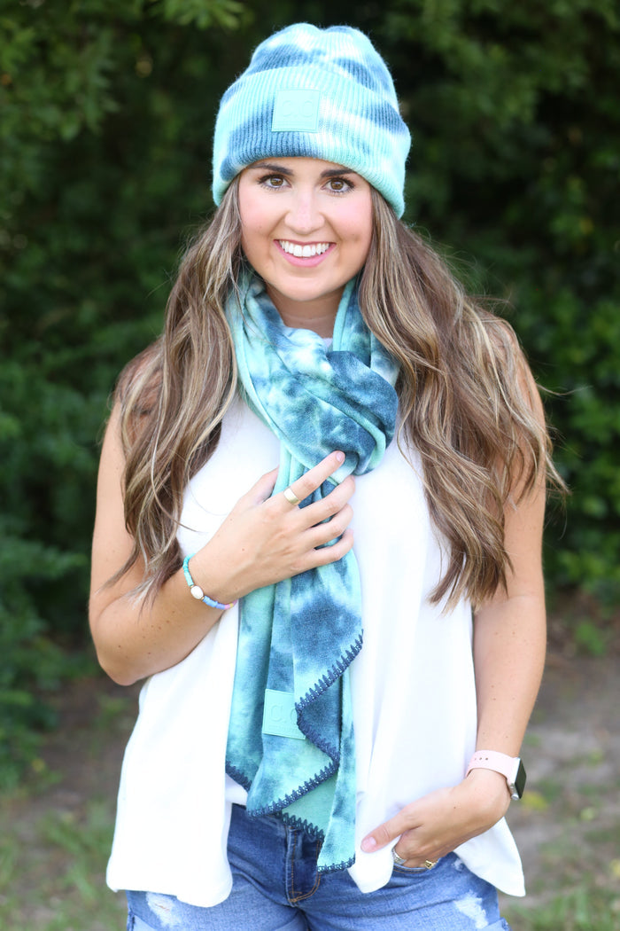 SF-7380 Tie Dye Scarf with C.C Rubber Patch - Deep Teal/Sea Green