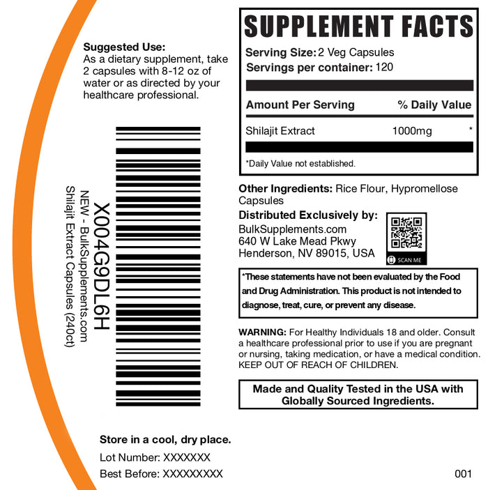 Shilajit extract 240 capsules label