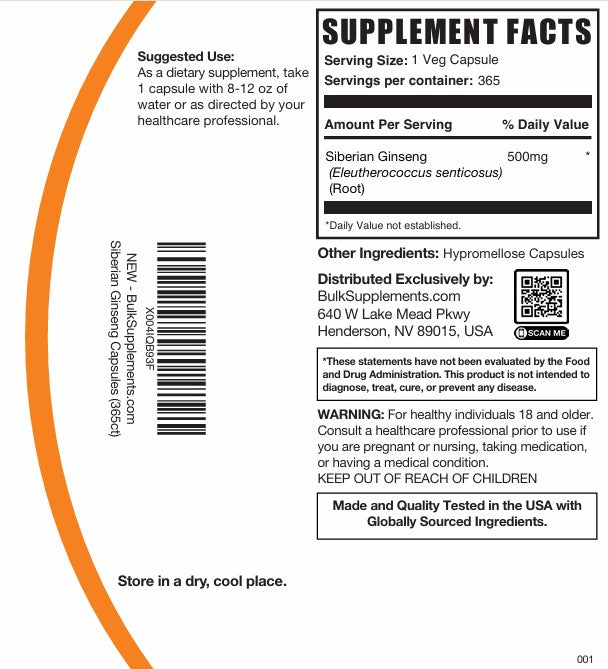 Siberian Ginseng Eleuthero Root Capsules 365ct Plain Label