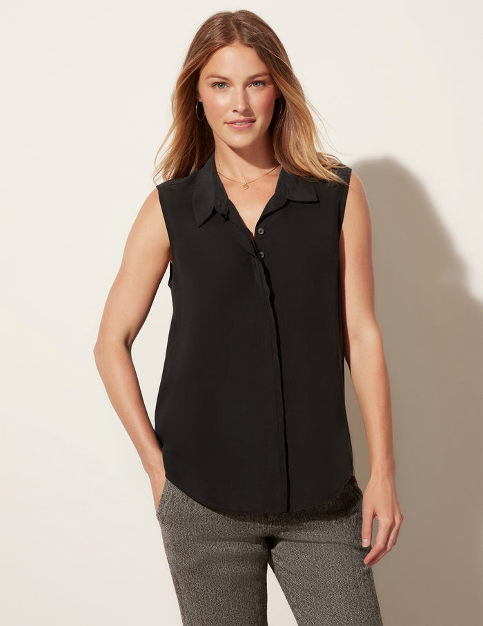 Sleeveless Raw Edge Buttondown