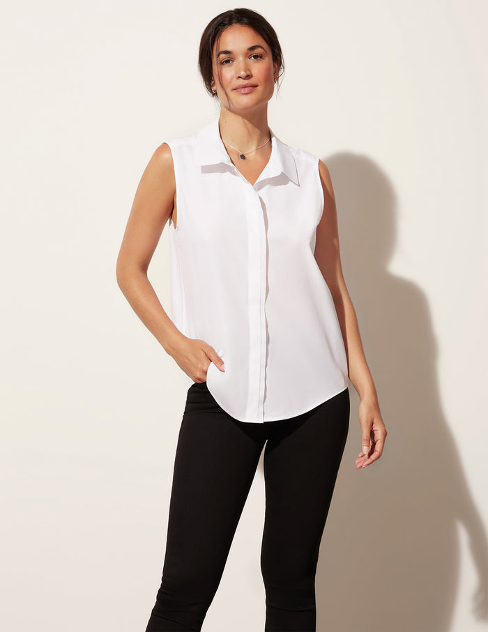 Sleeveless Raw Edge Buttondown