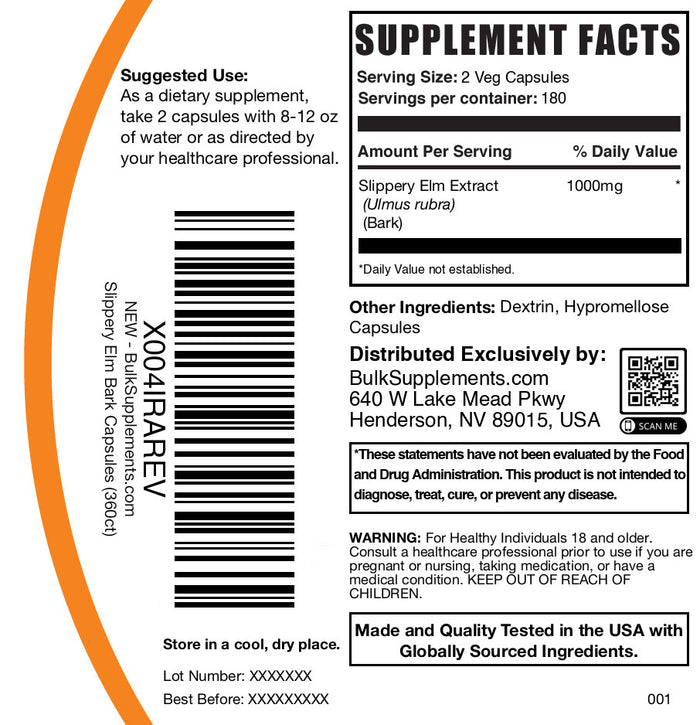Slippery elm bark 360 capsules label