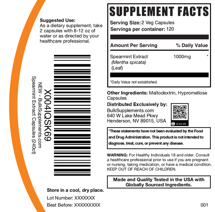 Spearmint extract 240 capsules label