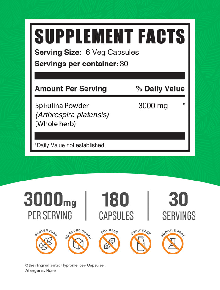 Spirulina 180 capsules label