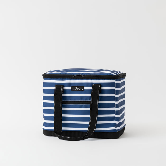 Blue and white striped cooler bag with black handles on a light gray background