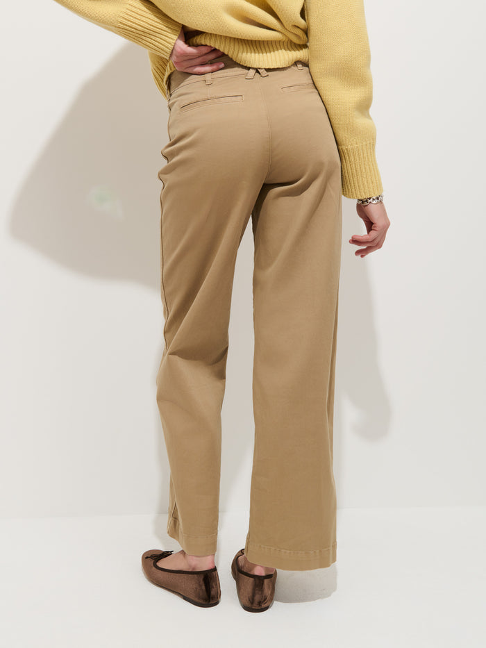 Person wearing a yellow sweater, the Sutton Pant in Vintage Twill—high-rise tan wide-leg chinos—and brown flats, standing with one hand on hip facing away from the camera against a plain white background.
