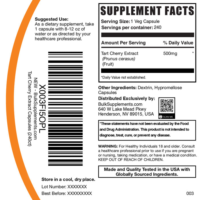 Tart cherry extract 240 capsules label