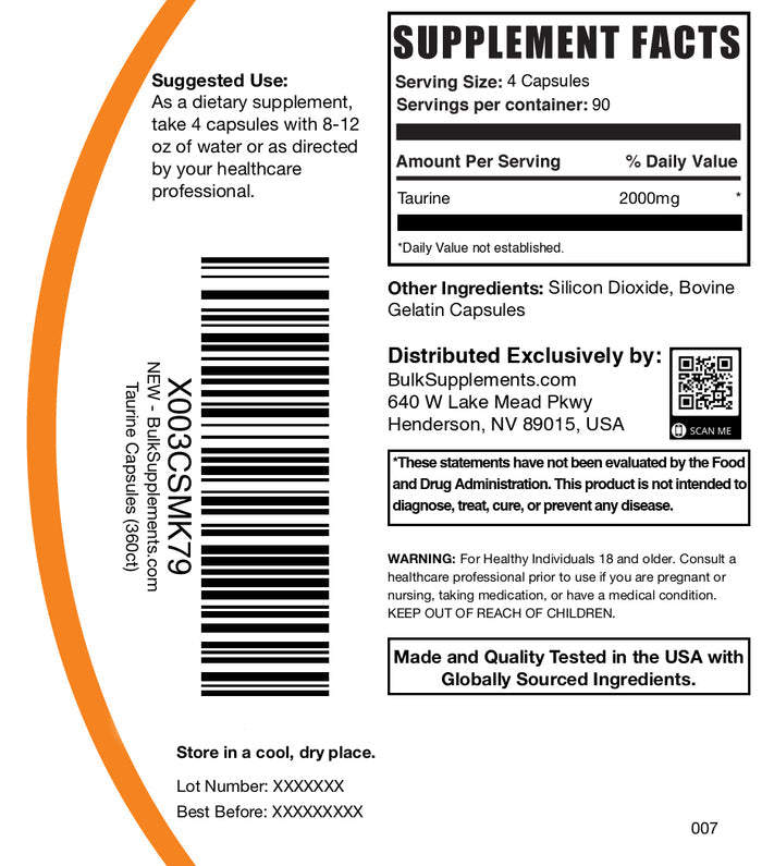 Taurine 360 capsules label