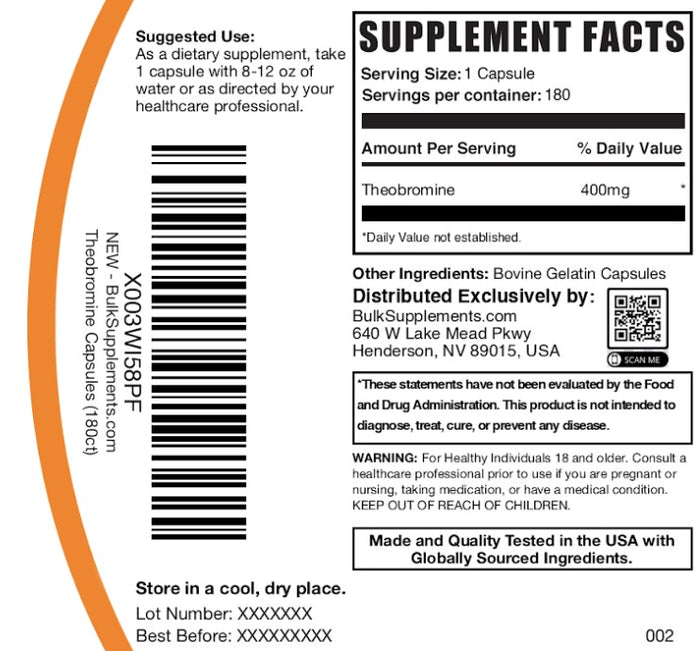 Theobromine Capsules 180ct Bag Label