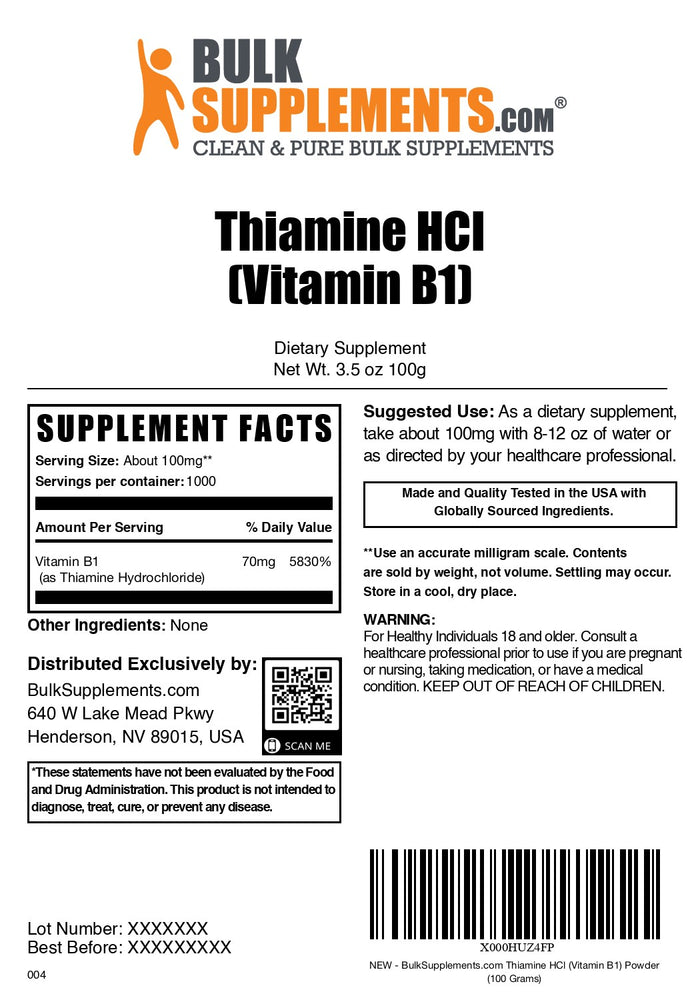 Thiamine HCL (Vitamin B1) 100g label