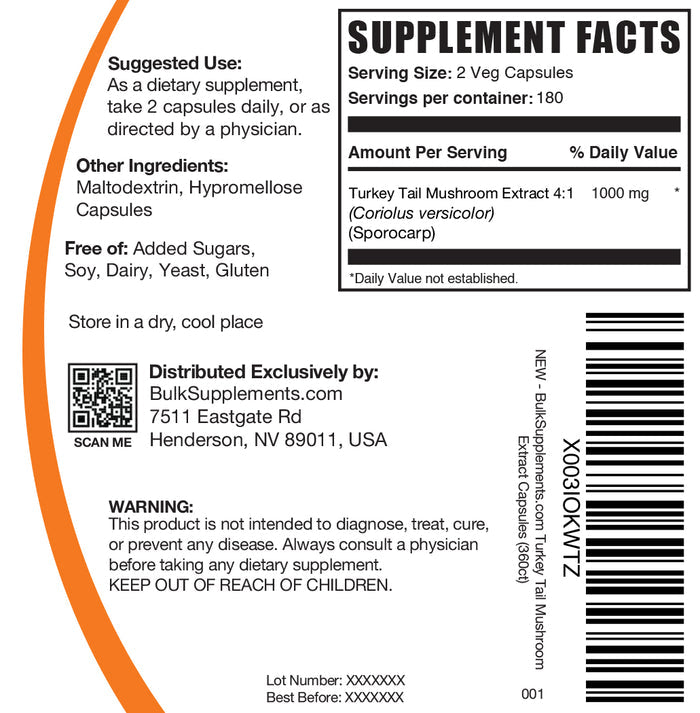 Turkey Tail Mushroom 360 ct Capsules Label