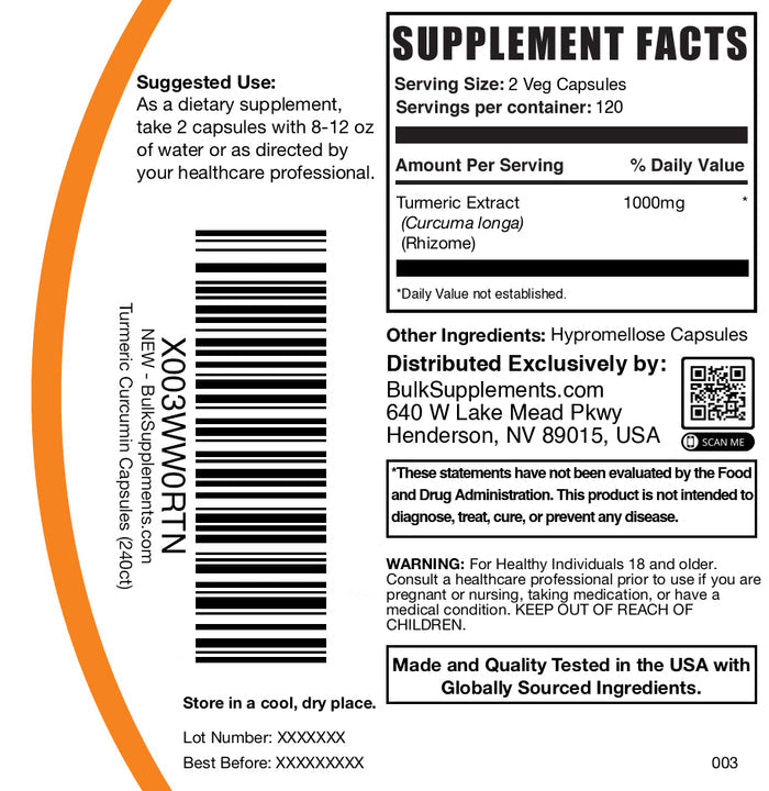 Turmeric extract 1000mg 240 capsules label
