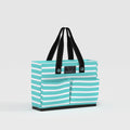 Striped tote bag with black handles on a light gray background