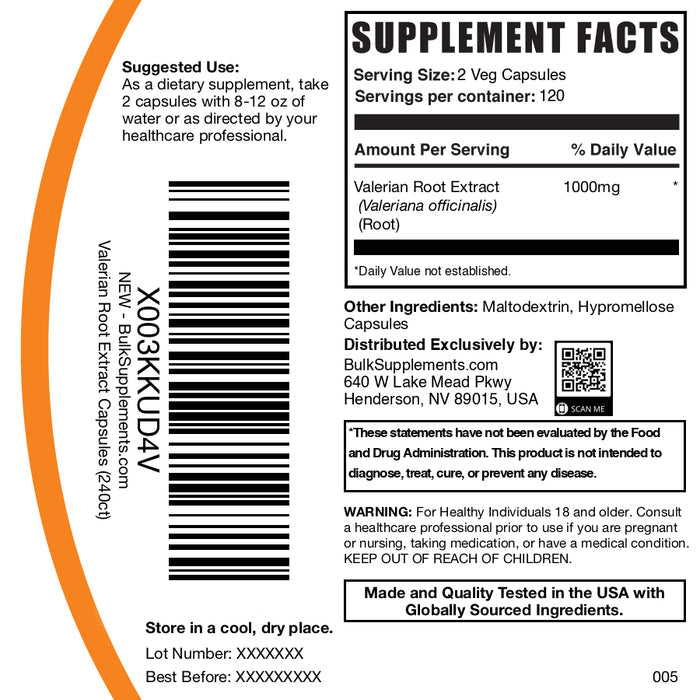 Valerian root extract 240 capsules label