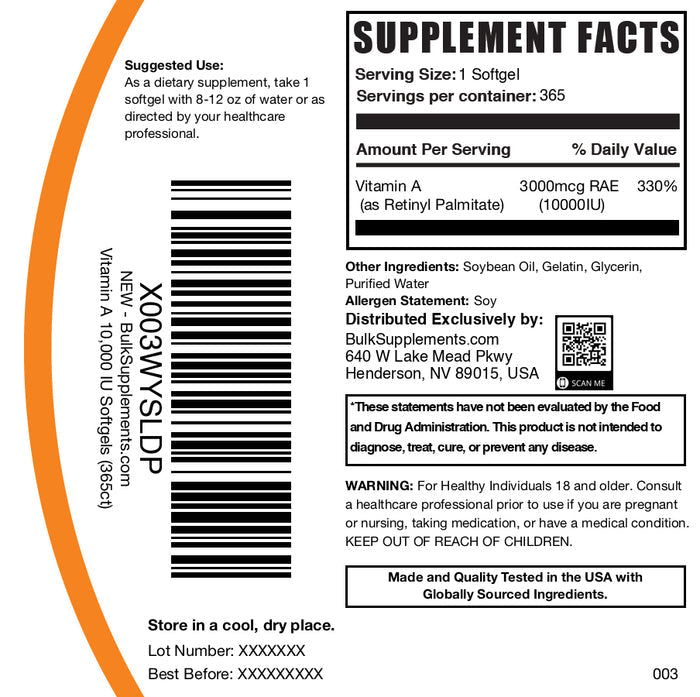 Vitamin A 10000IU 365 softgels label
