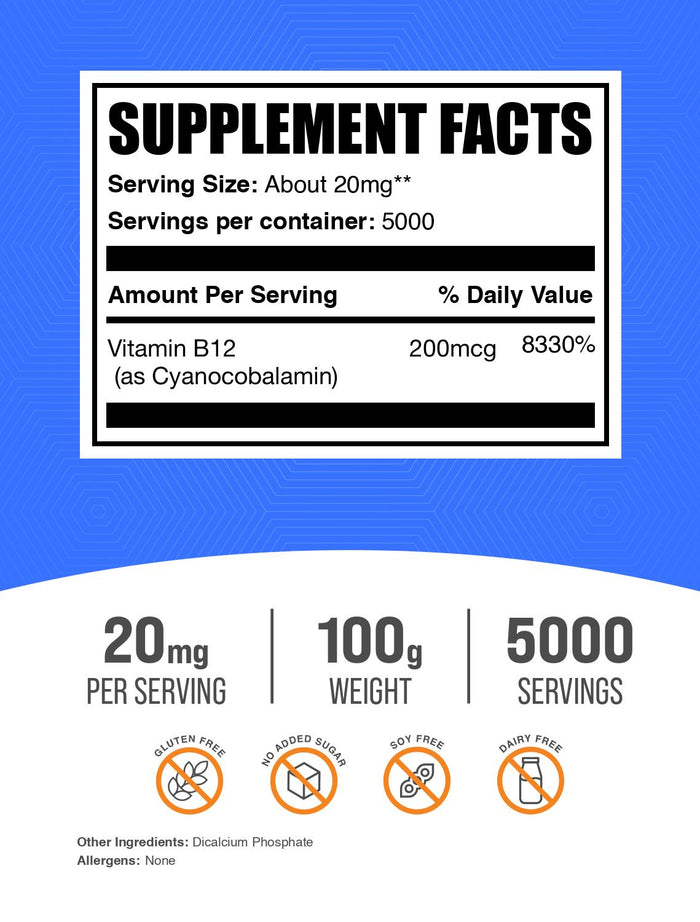 Vitamin B12 1% (Cyanocobalamin) powder label 100g