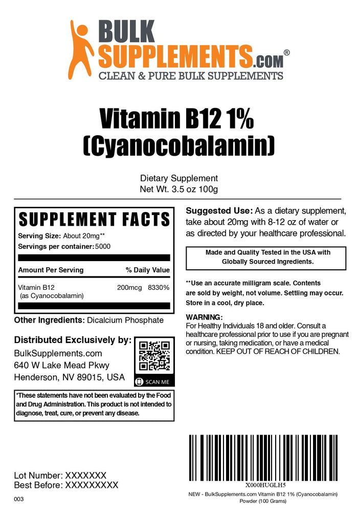 Vitamin B12 1% (Cyanocobalamin) Powder 100g label
